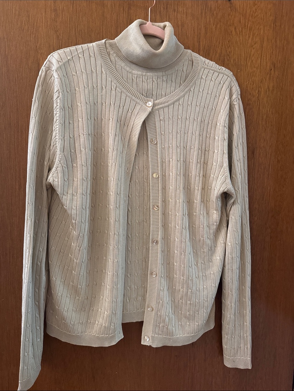 Neutral 100%Silk Cream Cable-Knit Turtleneck with Matching Button-Front Cardigan